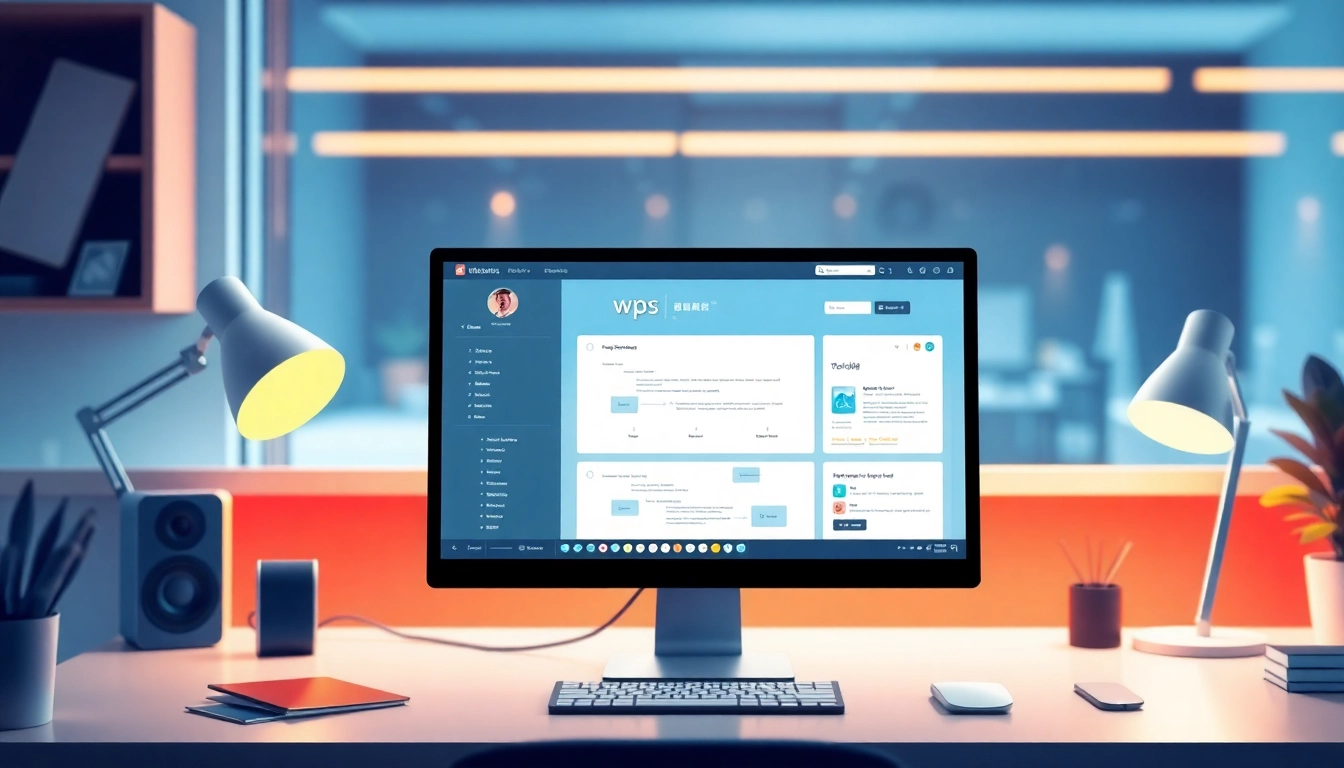 Showcasing wps中文版 in a contemporary workspace with a glowing computer screen and creative ambiance.